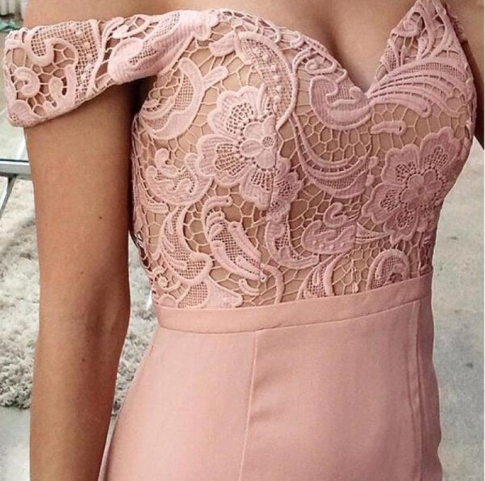 Bridelily Pink Lace-Top Off-the-Shoulder Long Mermaid Prom Dresses - Prom Dresses