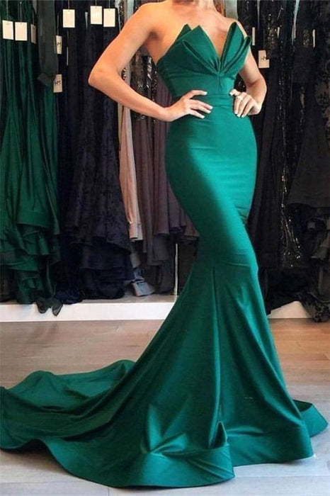 Bridelily Sexy Mermaid Strapless Green Prom Dresses 2019 Mermaid Simple Evening Gowns - Prom Dresses