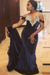 Bridelily Sexy V Neck Crystal Mermaid Off Shoulder Beaded Velvet Prom Dresses - Prom Dresses