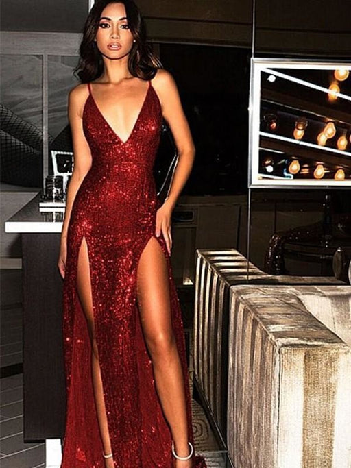 Bridelily Sheath Sleeveless V-Neck Sweep/Brush Train Sequins Dresses - Prom Dresses