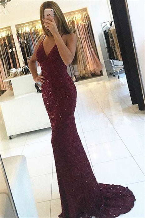 Bridelily Shiny Mermaid Burgundy Prom Dresses 2019 V-neck Straps Backless Sequined Formal Dress - Prom Dresses