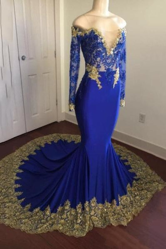 Shiny Royal Blue Two Piece Long Prom Dresses - Bridelily