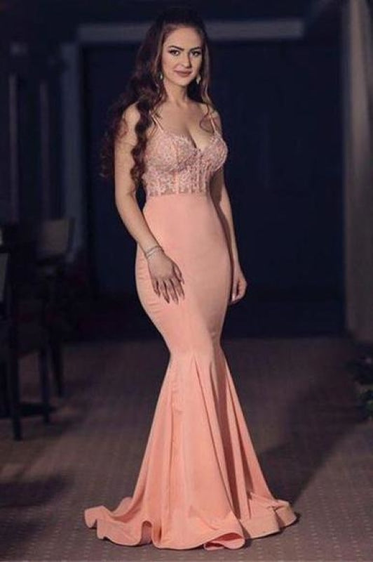 Bridelily V-neck Spaghetti Floor-length Chiffon Appliques Mermaid Prom Dresses - Prom Dresses