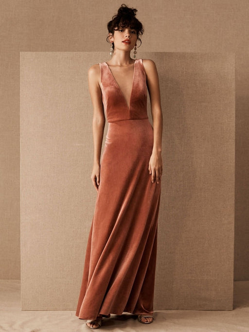 Brown Evening Dress A-Line V-Neck Floor-Length Sleeveless Zipper Velour Formal Dinner Dresses(APP ExclusivePrice  $106.99)