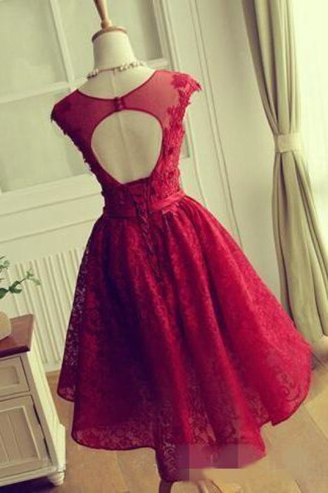 Burgundy A Line Homecoming Dress Cheap Sleeveless Lace Graduation Dresses - Prom Dresses