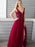 Burgundy A Line V Neck Lace Appliques Beading Chiffon Long Prom Dresses with Slit, Burgundy Lace Formal Dresses, Burgundy Evening Dresses