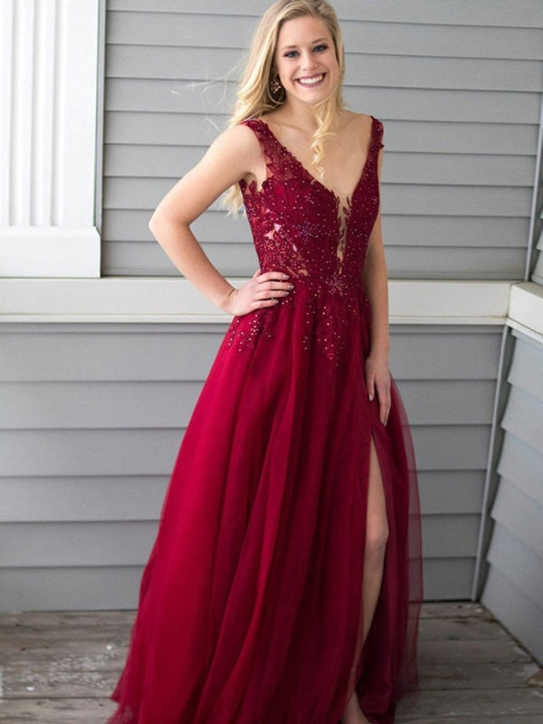 Burgundy A Line V Neck Lace Appliques Beading Chiffon Long Prom Dresses with Slit, Burgundy Lace Formal Dresses, Burgundy Evening Dresses