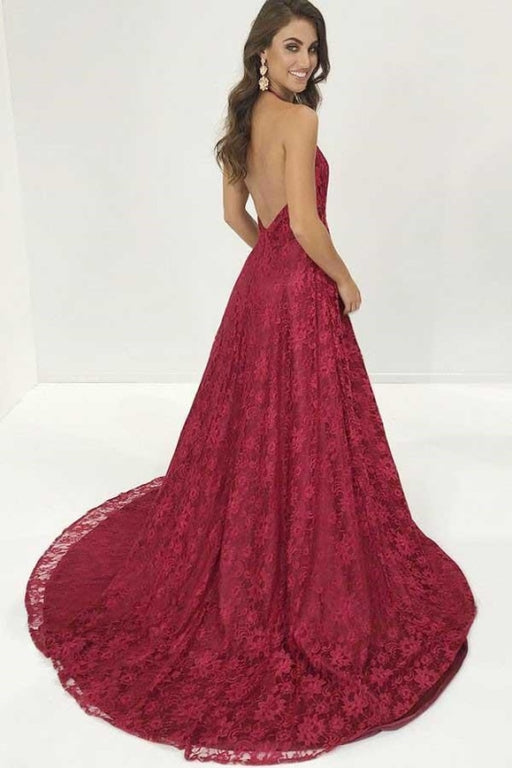 Burgundy Deep V Neck Evening Dress Sweep Train Backless Long Lace Prom Gown - Prom Dresses