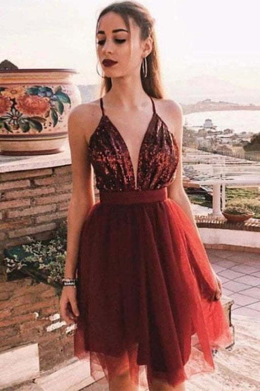 Burgundy Deep V Neck Tulle Homecoming with Sequins A Line Graduation Dress - Prom Dresses