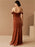 Burgundy Evening Dress A-Line Bateau Neck Short Sleeves Zipper Front Velour Split Floor-Length Formal Party Dresses