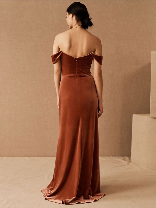 Burgundy Evening Dress A-Line Bateau Neck Short Sleeves Zipper Front Velour Split Floor-Length Formal Party Dresses