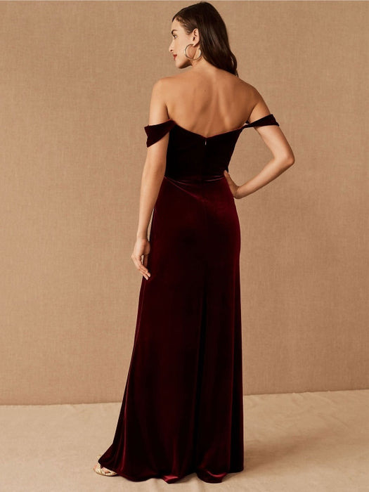 Burgundy Evening Dress A-Line Bateau Neck Short Sleeves Zipper Front Velour Split Floor-Length Formal Party Dresses