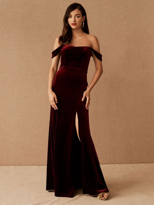 Burgundy Evening Dress A-Line Bateau Neck Short Sleeves Zipper Front Velour Split Floor-Length Formal Party Dresses