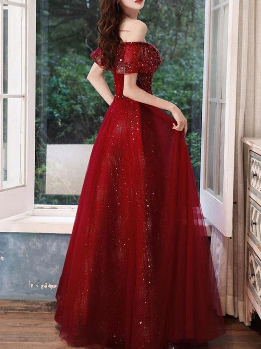 Burgundy Evening Dress A-Line Bateau Neck Sleeveless Floor-Length Lace-up Formal Dinner Dresses