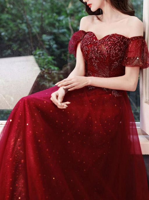 Burgundy Evening Dress A-Line Bateau Neck Sleeveless Floor-Length Lace-up Formal Dinner Dresses