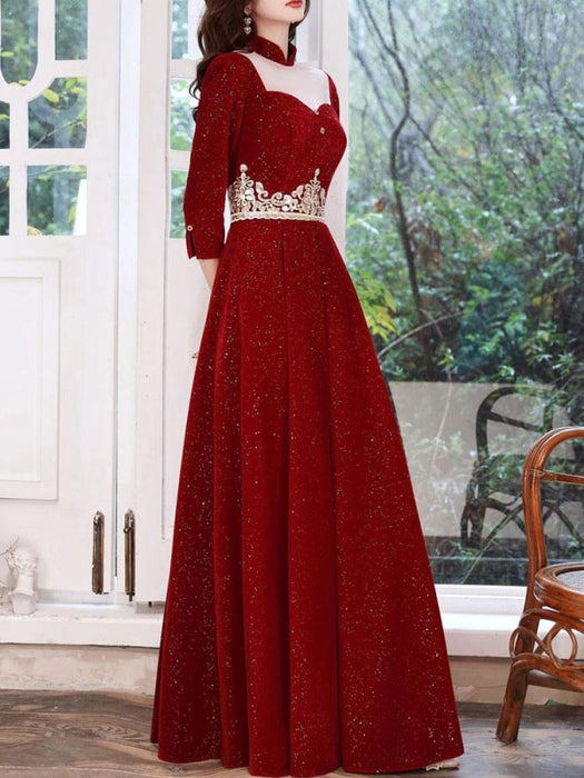 Burgundy Evening Dress A-Line High Collar Long Sleeves Korean Velvet Sequined Floor-Length Applique Social Pageant Dresses