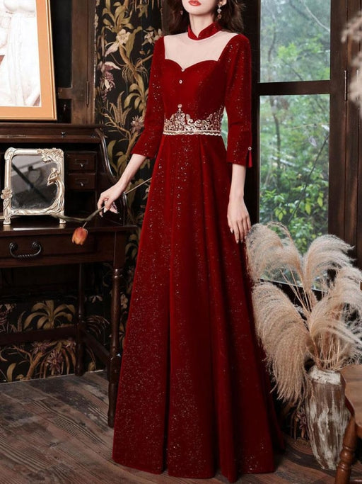 Burgundy Evening Dress A-Line High Collar Long Sleeves Korean Velvet Sequined Floor-Length Applique Social Pageant Dresses