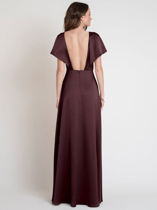 Burgundy Evening Dress A-Line V-Neck Floor-Length Short Sleeves Backless Pleated Matte Satin Social Party Dresses