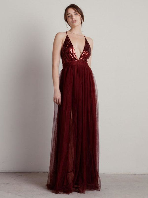 Burgundy Evening Dress A-Line V-Neck Tulle Floor-Length Pleated Maxi Formal Party Dresses