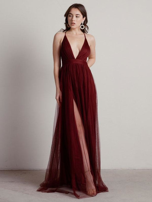 Burgundy Evening Dress A-Line V-Neck Zipper Pleated Chiffon Tulle Maxi Formal Dinner Dresses