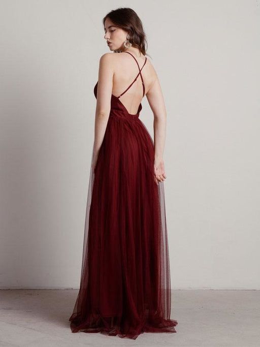 Burgundy Evening Dress A-Line V-Neck Zipper Pleated Chiffon Tulle Maxi Formal Dinner Dresses