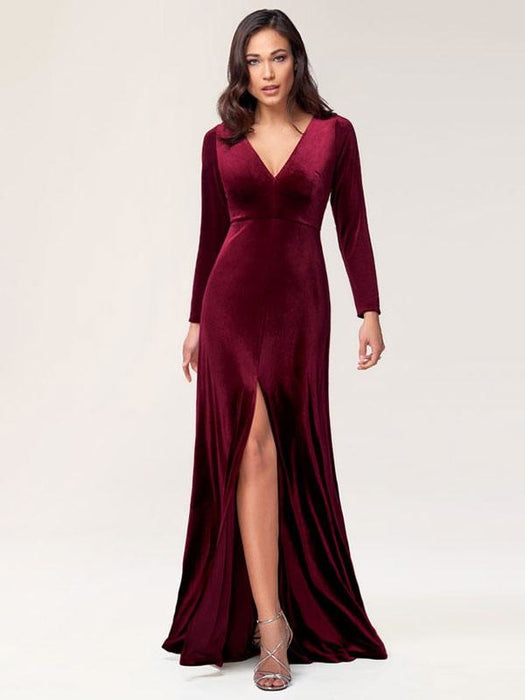 Burgundy Evening Dress Sheath Long Sleeve V-Neck Velour Social Party Dresses