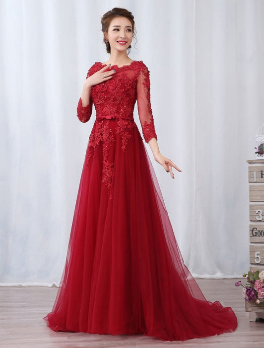 Burgundy Evening Dresses Long Sleeve Lace Applique Beaded Formal Gown With Train