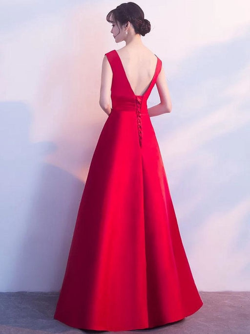 Burgundy Evening Dresses Long V Neck Sleeveless Pleated A Line Floor Length Evening Dress(APP ExclusivePrice  $89.99)