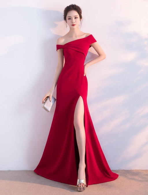 Burgundy Evening Dresses Off The Shoulder Formal Dress Sexy High Split Elastic Silk Like Satin Party Dress wedding guest dress