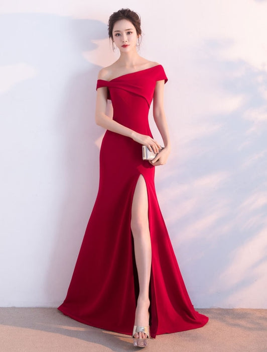 Burgundy Evening Dresses Off The Shoulder Formal Dress Sexy High Split Elastic Silk Like Satin Party Dress wedding guest dress