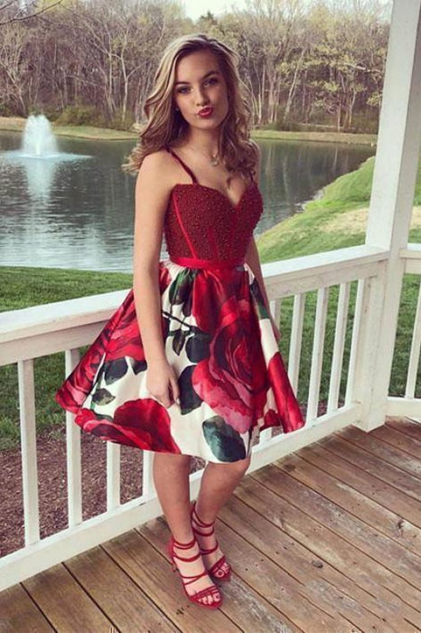 Burgundy Floral Homecoming Short Beaded Knee Length Cocktail Dresses - Prom Dresses