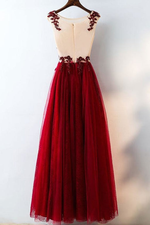 Burgundy Lace Applique Sleeveless Tulle Long Prom Dress with Beads A-line Evening Dresses - Prom Dresses