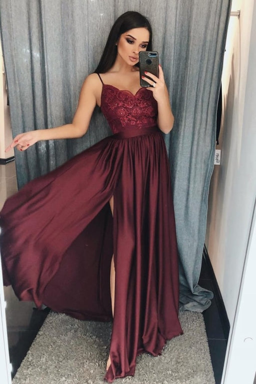 Burgundy Lace V-Neck Long Prom Dress Spaghetti Strap Split Formal Dresses - Prom Dresses