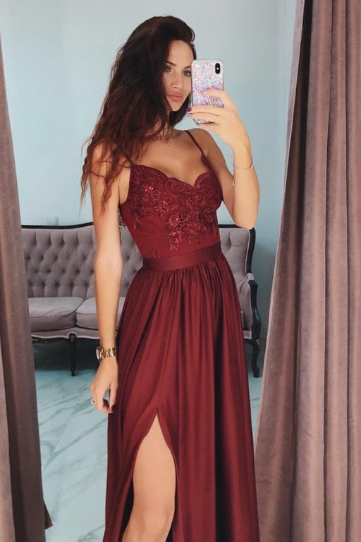 Burgundy Lace V-Neck Long Prom Dress Spaghetti Strap Split Formal Dresses - Prom Dresses