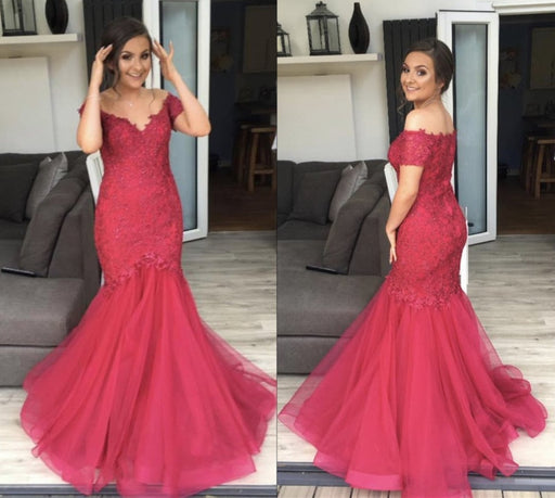 Burgundy Off Shoulder Mermaid Lace Tulle Long Prom Dresses, Burgundy Mermaid Formal Dresses, Ball Gown, Evening Dresses