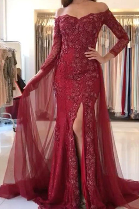 Burgundy Off-the-shoulder 3/4 Sleeves Split Tulle Prom Dress Long Formal Gown - Prom Dresses