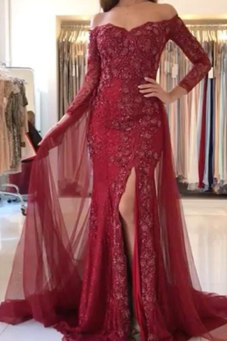 Burgundy Off-the-shoulder 3/4 Sleeves Split Tulle Prom Dresses Long Formal Gown - Prom Dresses