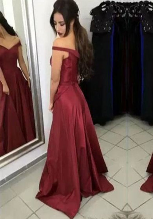 Burgundy Off-the-Shoulder Floor-length Ruched Satin Long Prom Evening Dresses - Prom Dresses