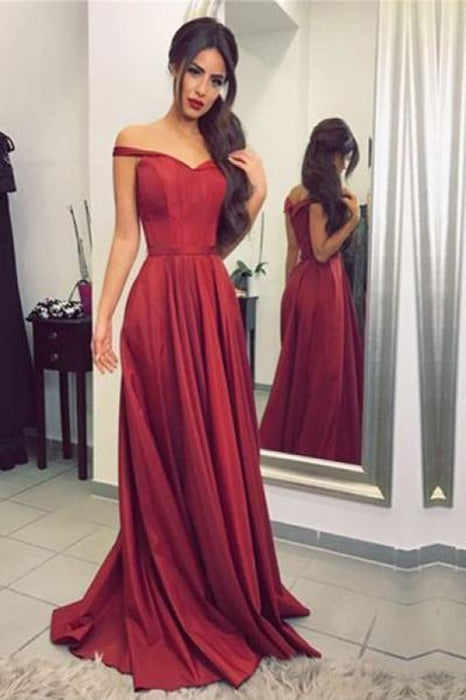 Burgundy Off-the-Shoulder Floor-length Ruched Satin Long Prom Evening Dresses - Prom Dresses