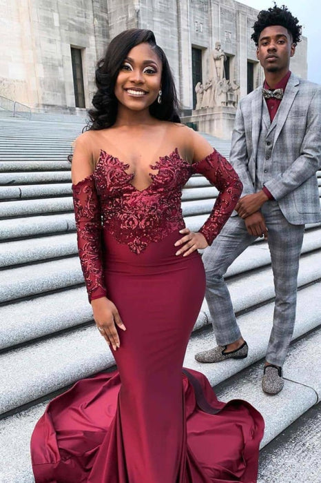 Burgundy Off The Purple Long Sleeve Prom Dresses 2021 - Bridelily