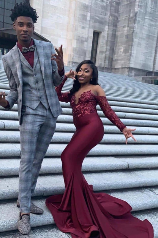 Burgundy Off The Purple Long Sleeve Prom Dresses 2021 - Bridelily