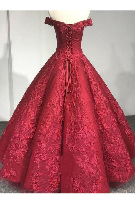 Burgundy Off the Shoulder Puffy Prom Lace Wedding Dresses Quinceanera Dress - Prom Dresses