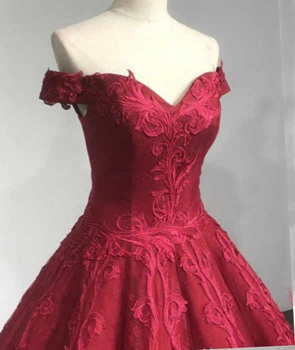 Burgundy Off the Shoulder Puffy Prom Lace Wedding Dresses Quinceanera Dress - Prom Dresses