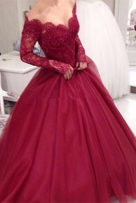 Burgundy Off the Shoulder Sleeve Applique Tulle Evening Long Prom Dress - Prom Dresses