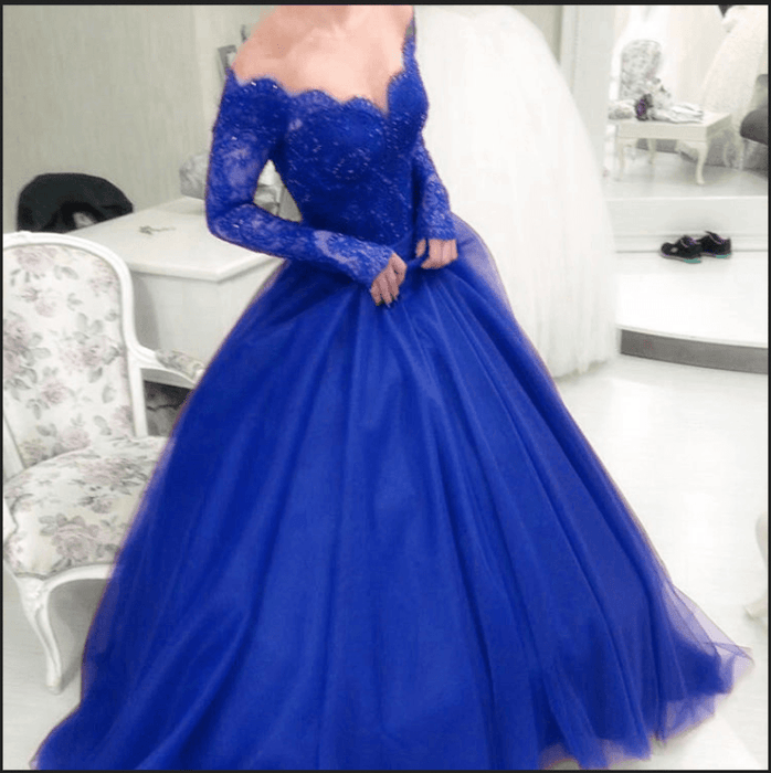 Burgundy Off the Shoulder Sleeve Applique Tulle Evening Long Prom Dress - Prom Dresses