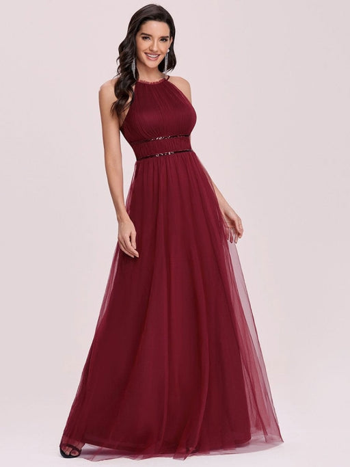 Burgundy Prom Dress A-Line Halter Tulle Sleeveless Sash Long Party Dresses