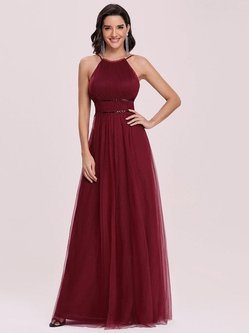 Burgundy Prom Dress A-Line Halter Tulle Sleeveless Sash Long Party Dresses