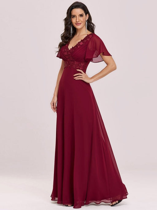 Burgundy Prom Dress A-Line V-Neck Backless Chiffon Short Sleeves Floor-Length Guest Dresses