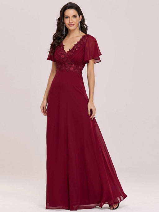 Burgundy Prom Dress A-Line V-Neck Backless Chiffon Short Sleeves Floor-Length Guest Dresses