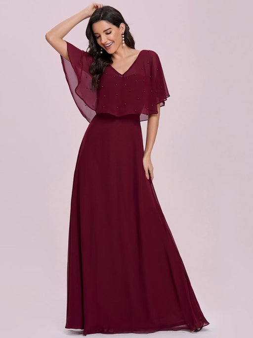 Burgundy Prom Dress A-Line V-Neck Chiffon Half Sleeves Beaded Long Party Dresses